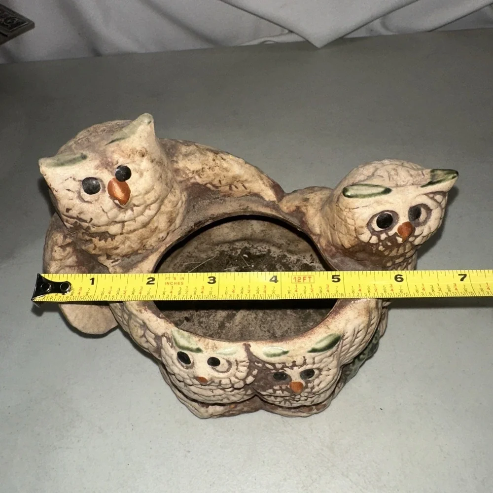 Vintage 70s Ceramic Owl Family Planter Mat Bisque Boho Decor